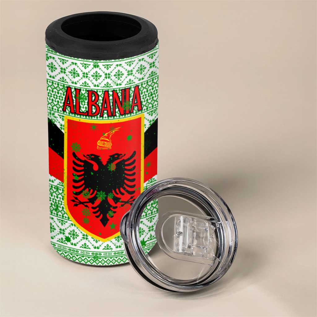 Albania Christmas 4 in 1 Can Cooler Tumbler with Green-Red Design, Double-Headed Eagle Emblem, and Santa Motif - Wonder Print Shop