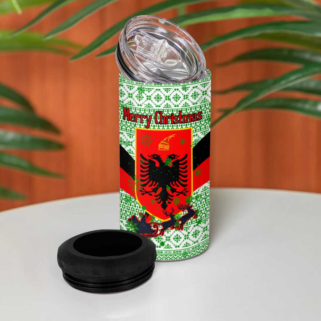 Albania Christmas 4 in 1 Can Cooler Tumbler with Green-Red Design, Double-Headed Eagle Emblem, and Santa Motif - Wonder Print Shop