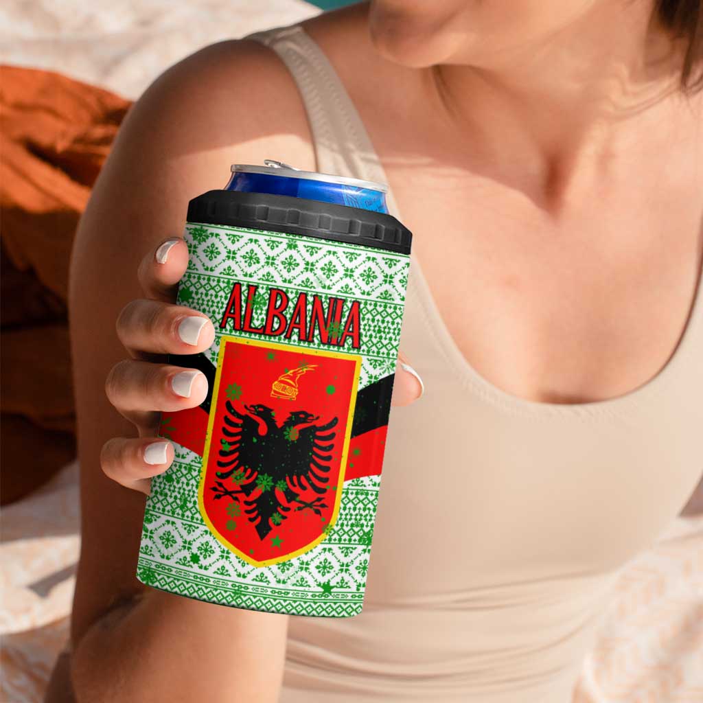 Albania Christmas 4 in 1 Can Cooler Tumbler with Green-Red Design, Double-Headed Eagle Emblem, and Santa Motif - Wonder Print Shop