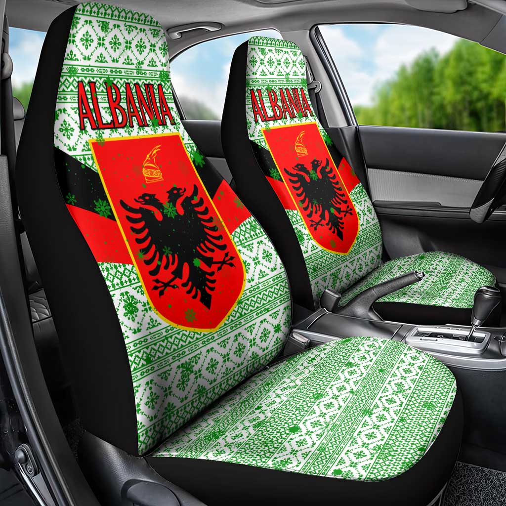 Albania Christmas Car Seat Cover with Green-Red Design, Double-Headed Eagle Emblem, and Santa Motif - Wonder Print Shop