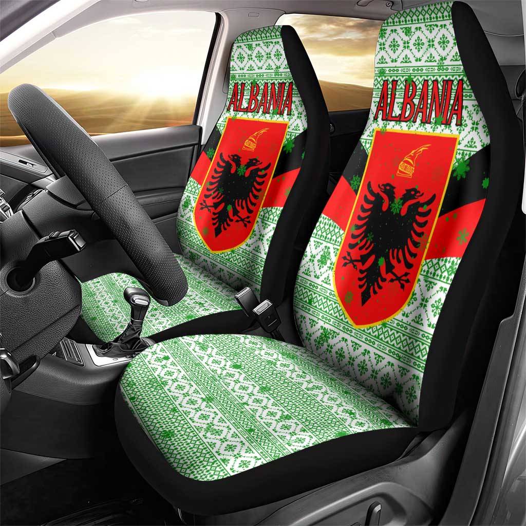 Albania Christmas Car Seat Cover with Green-Red Design, Double-Headed Eagle Emblem, and Santa Motif - Wonder Print Shop