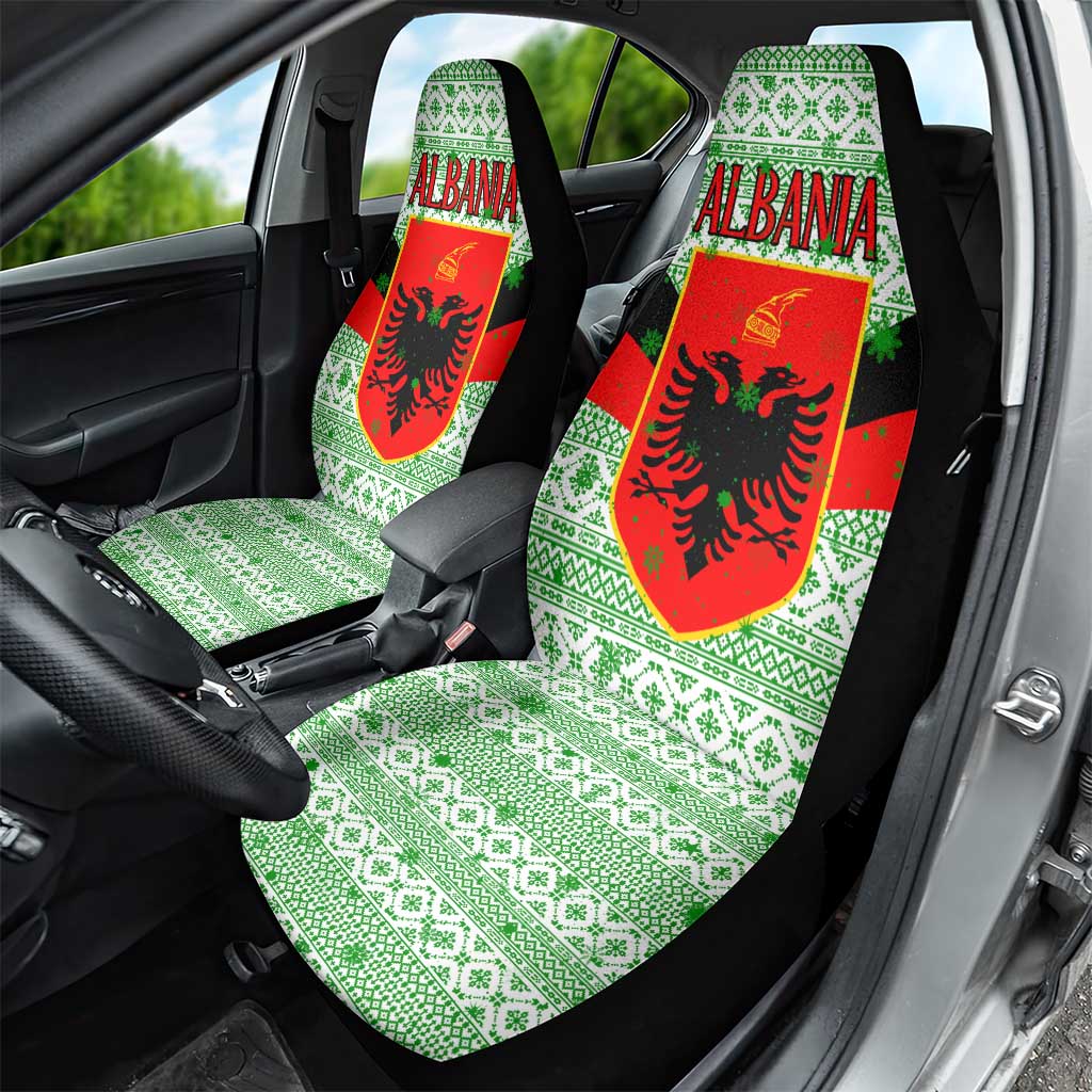 Albania Christmas Car Seat Cover with Green-Red Design, Double-Headed Eagle Emblem, and Santa Motif - Wonder Print Shop