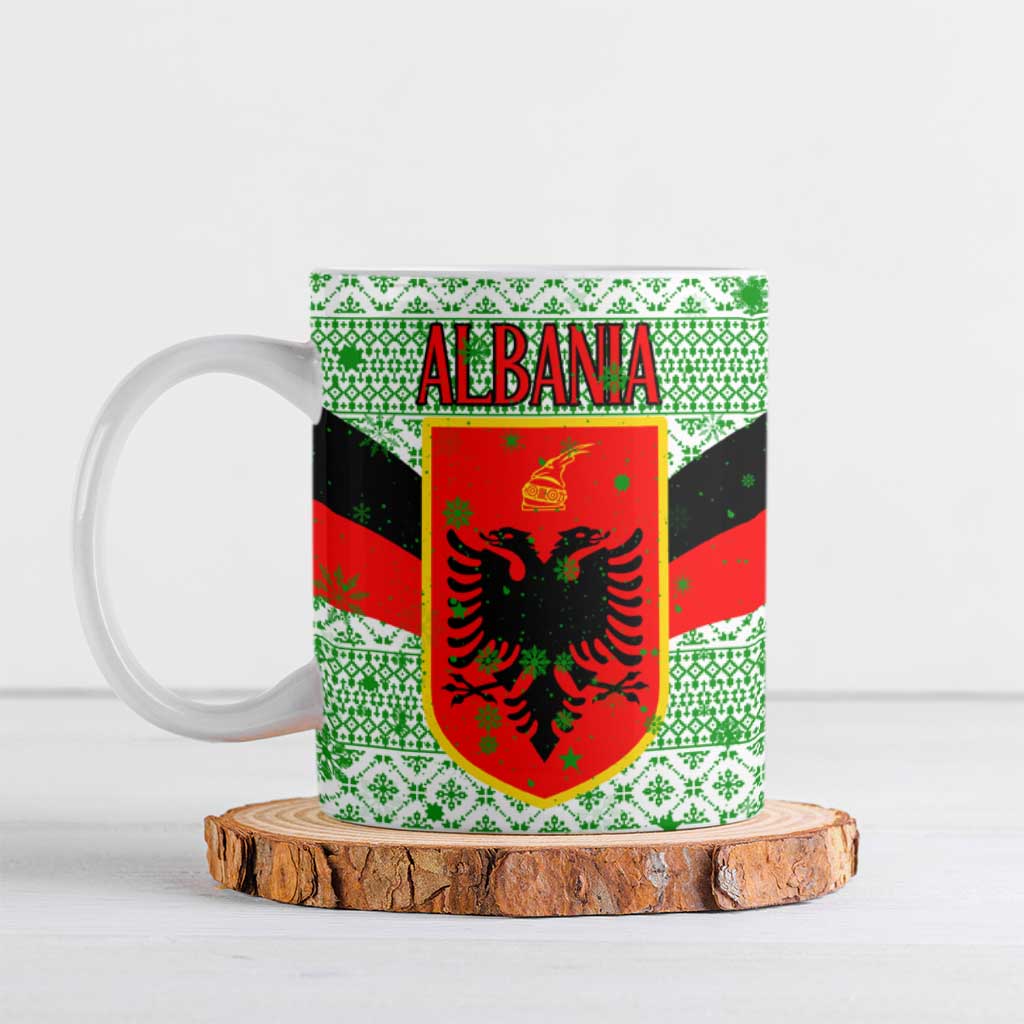 Albania Christmas Ceramic Mug with Green-Red Design, Double-Headed Eagle Emblem, and Santa Motif - Wonder Print Shop