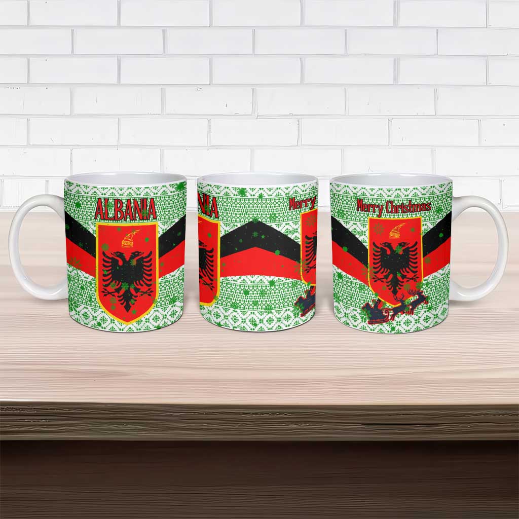 Albania Christmas Ceramic Mug with Green-Red Design, Double-Headed Eagle Emblem, and Santa Motif - Wonder Print Shop