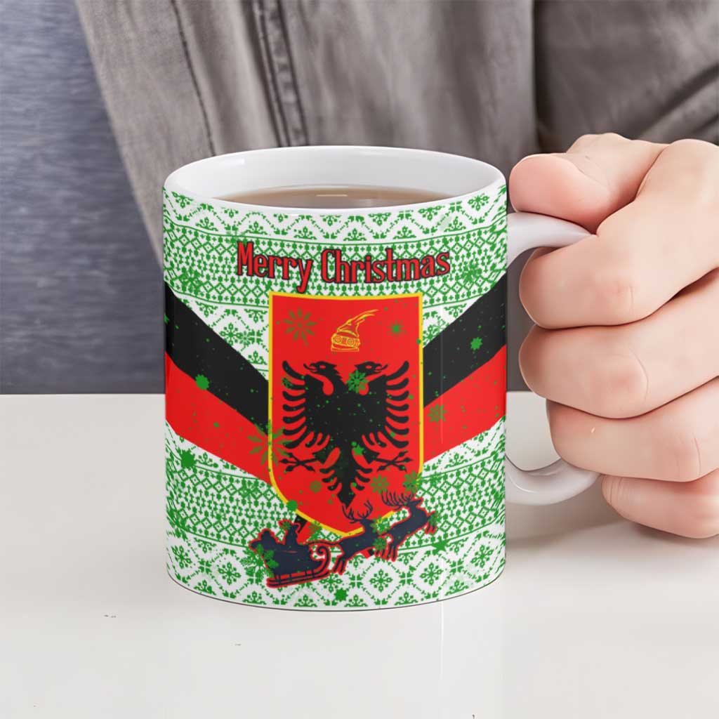 Albania Christmas Ceramic Mug with Green-Red Design, Double-Headed Eagle Emblem, and Santa Motif - Wonder Print Shop