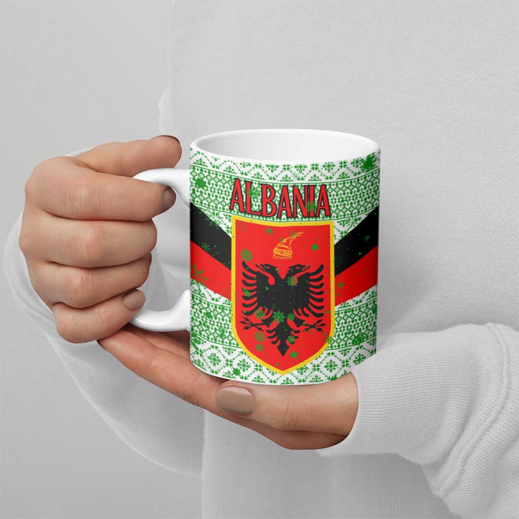 Albania Christmas Ceramic Mug with Green-Red Design, Double-Headed Eagle Emblem, and Santa Motif - Wonder Print Shop