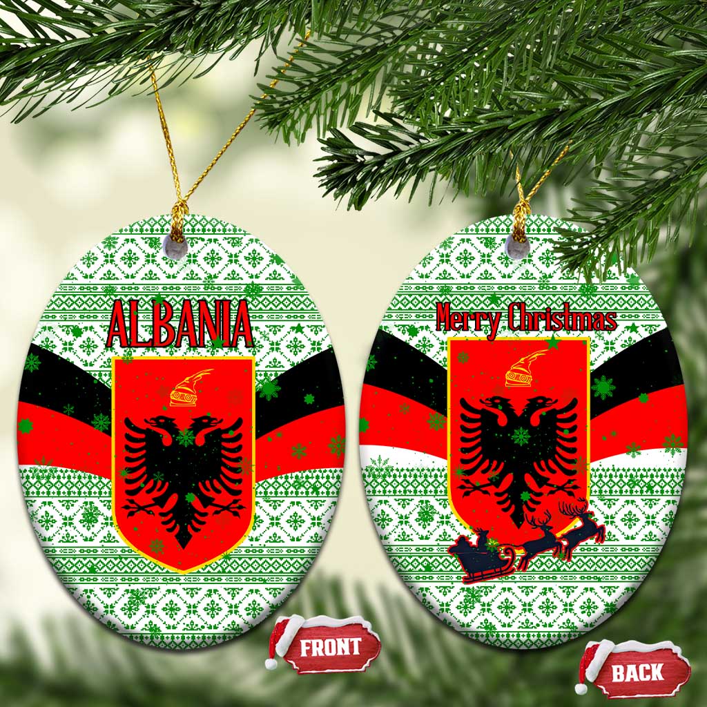 Albania Christmas Ceramic Ornament with Green-Red Design, Double-Headed Eagle Emblem, and Santa Motif - Wonder Print Shop