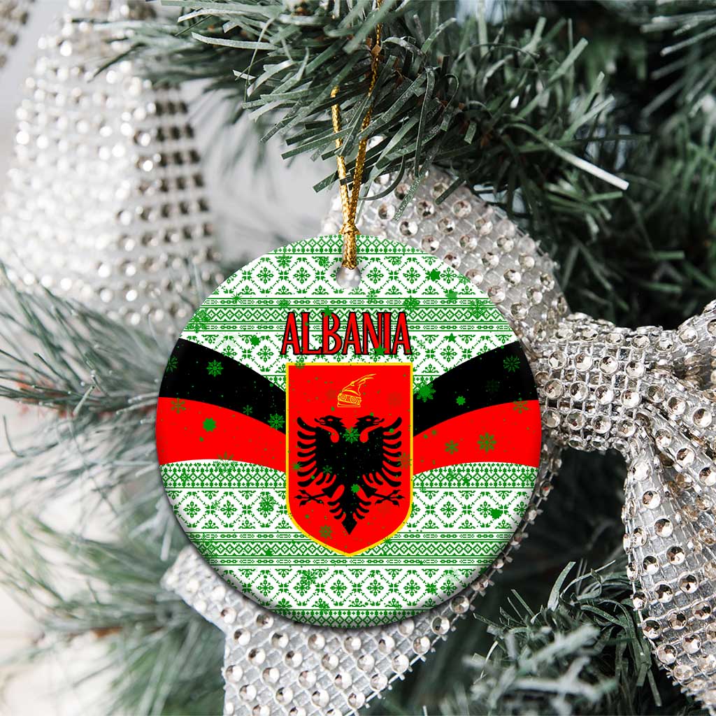 Albania Christmas Ceramic Ornament with Green-Red Design, Double-Headed Eagle Emblem, and Santa Motif - Wonder Print Shop