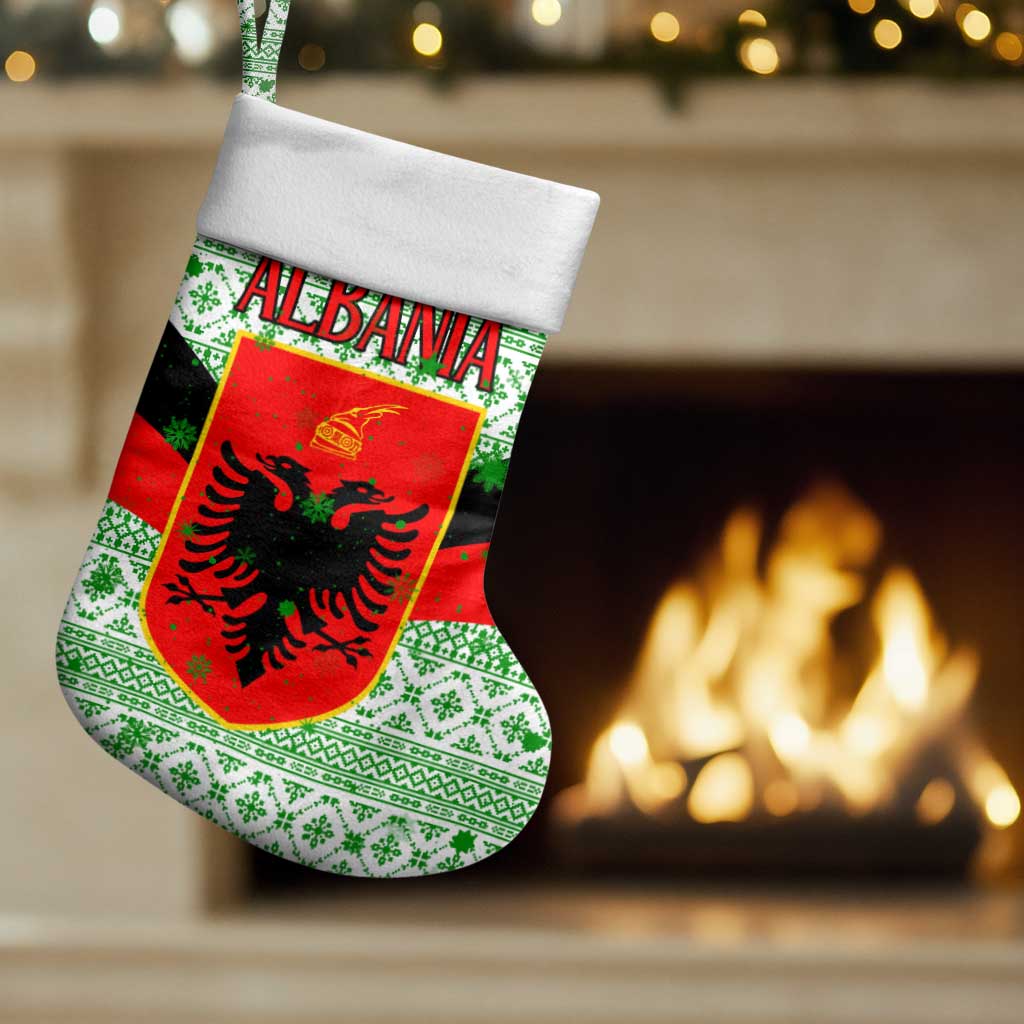 Albania Christmas Stocking with Green-Red Design, Double-Headed Eagle Emblem, and Santa Motif - Wonder Print Shop