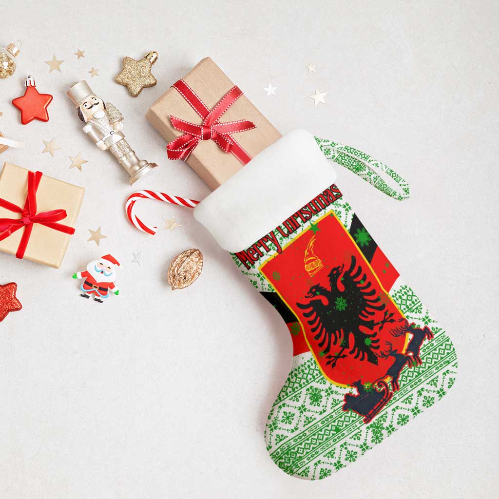 Albania Christmas Stocking with Green-Red Design, Double-Headed Eagle Emblem, and Santa Motif - Wonder Print Shop