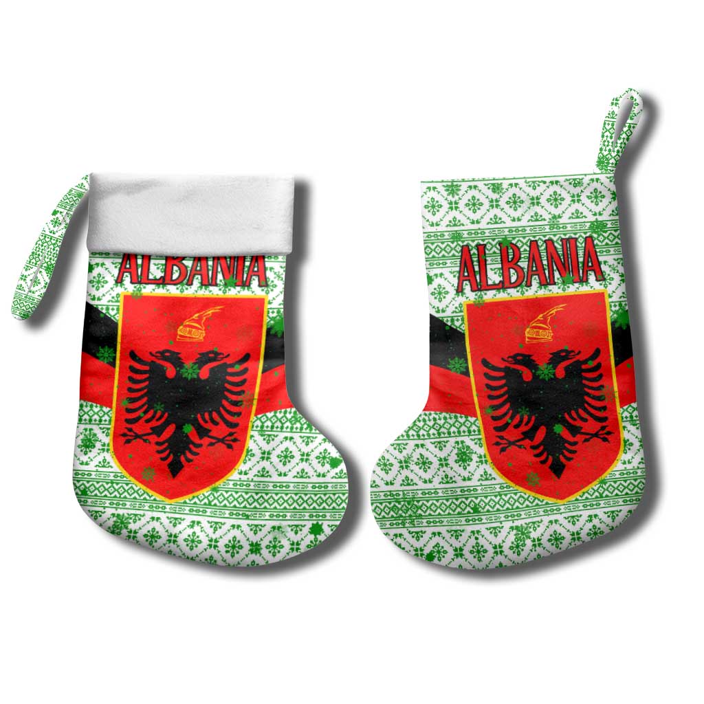 Albania Christmas Stocking with Green-Red Design, Double-Headed Eagle Emblem, and Santa Motif - Wonder Print Shop