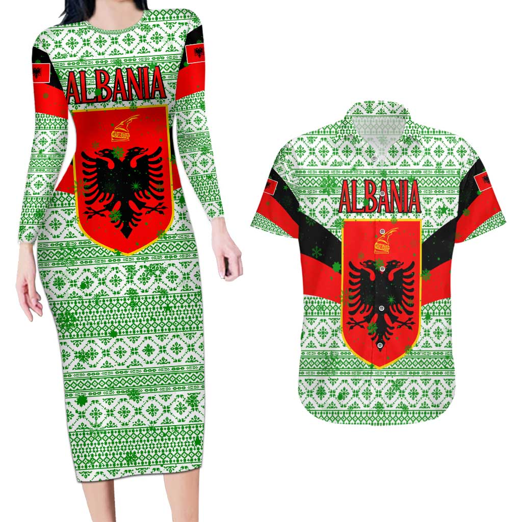 Albania Christmas Couples Matching Long Sleeve Bodycon Dress and Hawaiian Shirt with Green-Red Design, Double-Headed Eagle Emblem, and Santa Motif - Wonder Print Shop