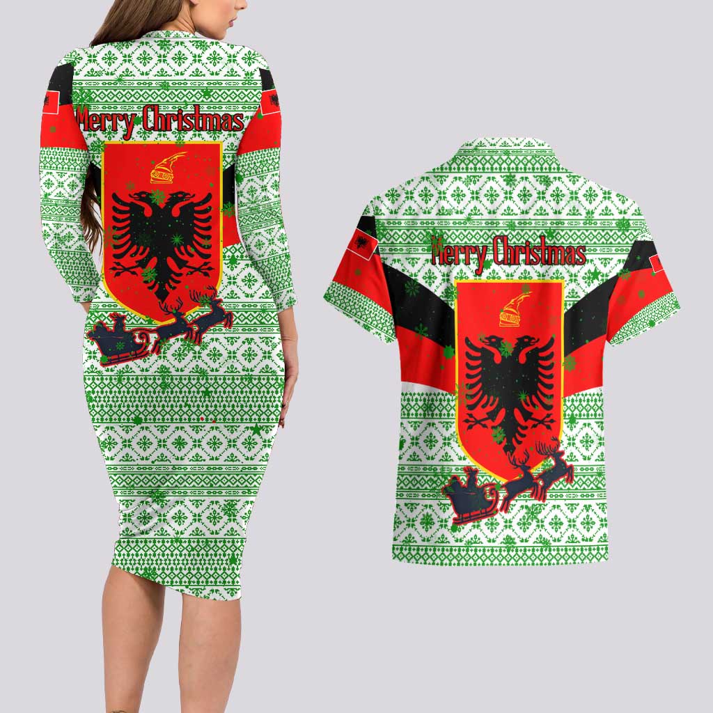 Albania Christmas Couples Matching Long Sleeve Bodycon Dress and Hawaiian Shirt with Green-Red Design, Double-Headed Eagle Emblem, and Santa Motif - Wonder Print Shop
