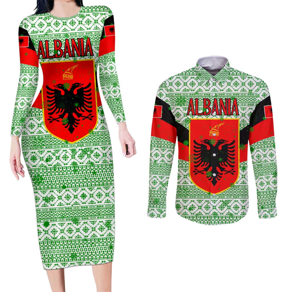 Albania Christmas Couples Matching Long Sleeve Bodycon Dress and Long Sleeve Button Shirt with Green-Red Design, Double-Headed Eagle Emblem, and Santa Motif - Wonder Print Shop