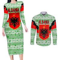 Albania Christmas Couples Matching Long Sleeve Bodycon Dress and Long Sleeve Button Shirt with Green-Red Design, Double-Headed Eagle Emblem, and Santa Motif - Wonder Print Shop