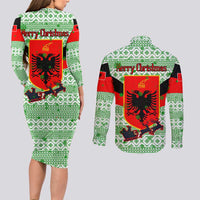 Albania Christmas Couples Matching Long Sleeve Bodycon Dress and Long Sleeve Button Shirt with Green-Red Design, Double-Headed Eagle Emblem, and Santa Motif - Wonder Print Shop
