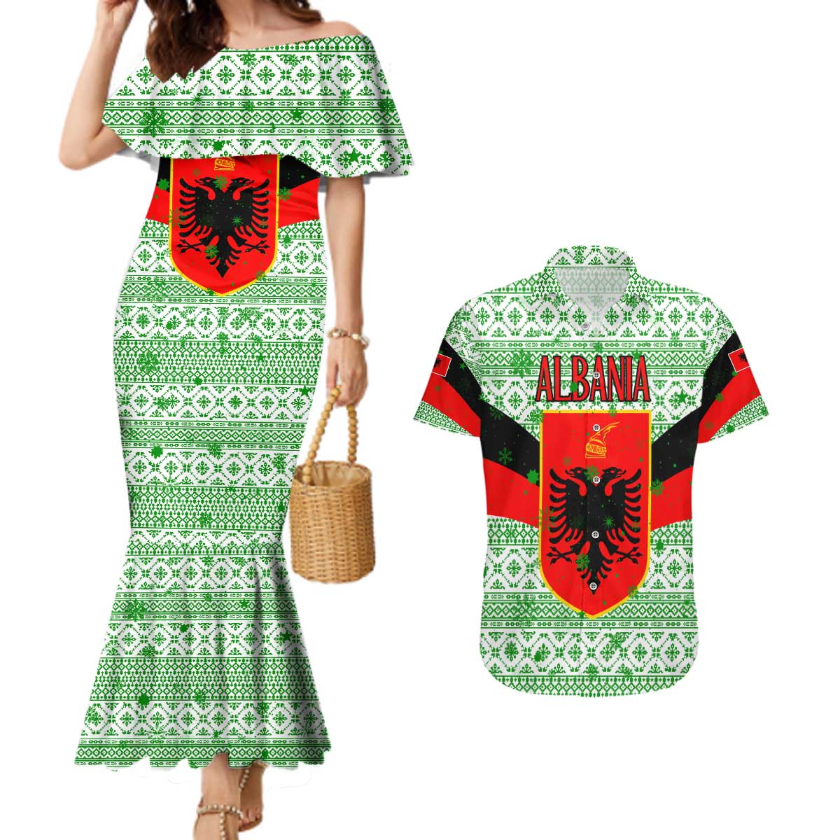 Albania Christmas Couples Matching Mermaid Dress and Hawaiian Shirt with Green-Red Design, Double-Headed Eagle Emblem, and Santa Motif - Wonder Print Shop