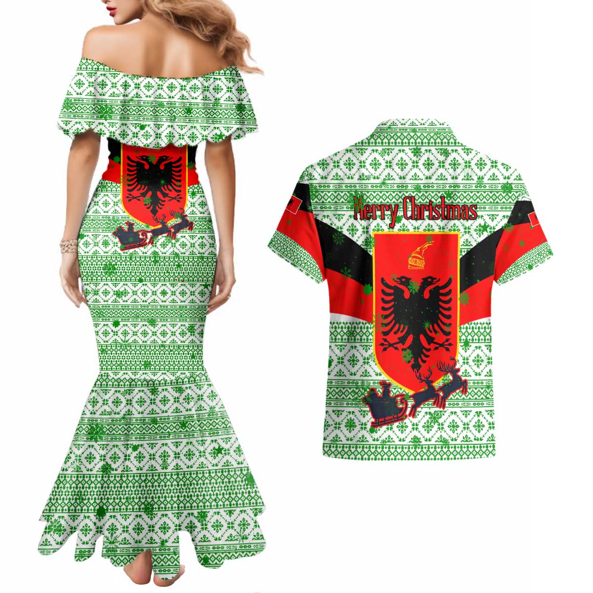 Albania Christmas Couples Matching Mermaid Dress and Hawaiian Shirt with Green-Red Design, Double-Headed Eagle Emblem, and Santa Motif - Wonder Print Shop