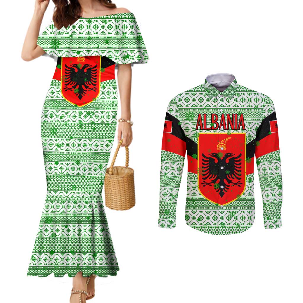 Albania Christmas Couples Matching Mermaid Dress and Long Sleeve Button Shirt with Green-Red Design, Double-Headed Eagle Emblem, and Santa Motif - Wonder Print Shop