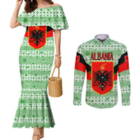 Albania Christmas Couples Matching Mermaid Dress and Long Sleeve Button Shirt with Green-Red Design, Double-Headed Eagle Emblem, and Santa Motif - Wonder Print Shop