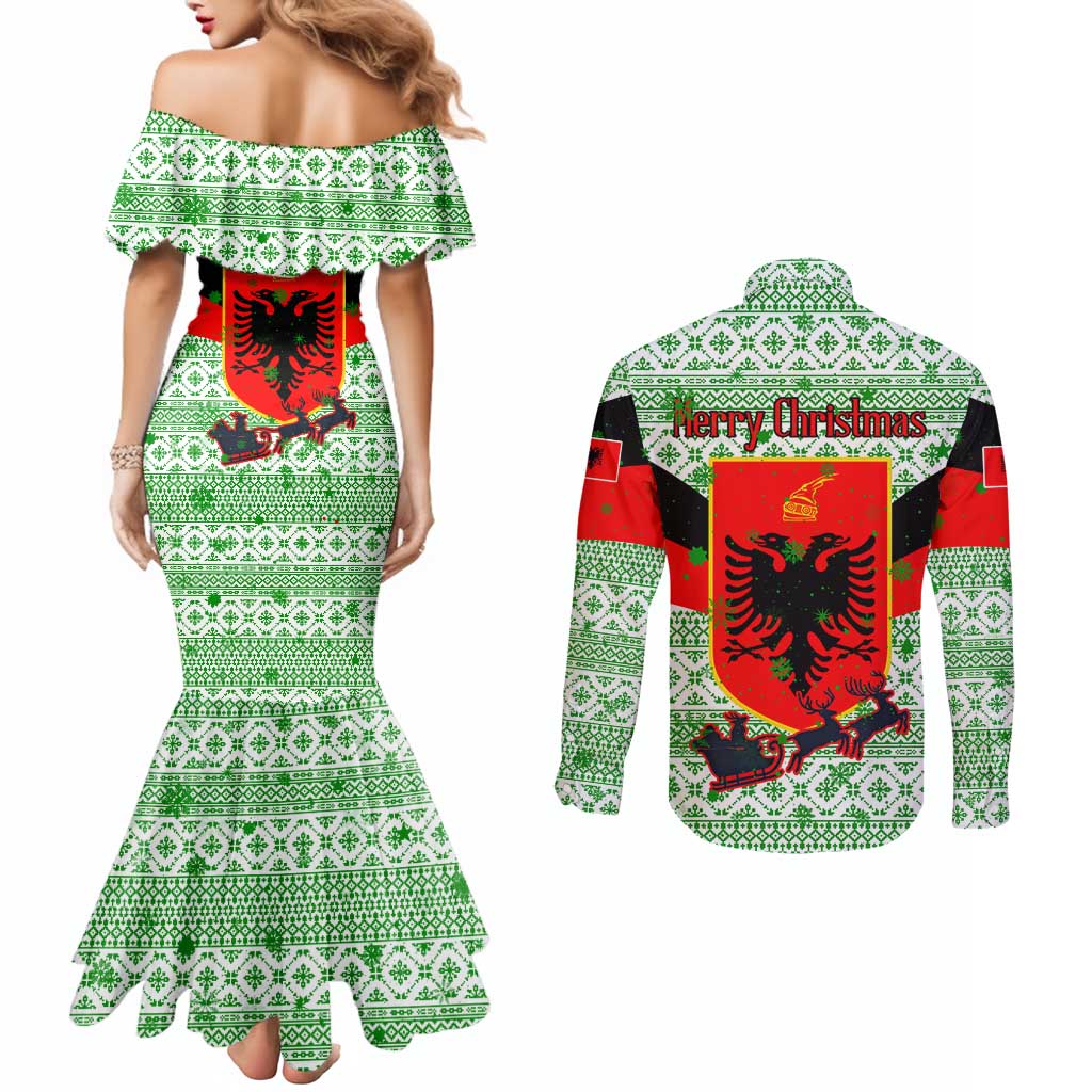 Albania Christmas Couples Matching Mermaid Dress and Long Sleeve Button Shirt with Green-Red Design, Double-Headed Eagle Emblem, and Santa Motif - Wonder Print Shop