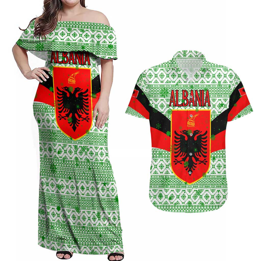 Albania Christmas Couples Matching Off Shoulder Maxi Dress and Hawaiian Shirt with Green-Red Design, Double-Headed Eagle Emblem, and Santa Motif - Wonder Print Shop