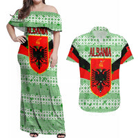 Albania Christmas Couples Matching Off Shoulder Maxi Dress and Hawaiian Shirt with Green-Red Design, Double-Headed Eagle Emblem, and Santa Motif - Wonder Print Shop