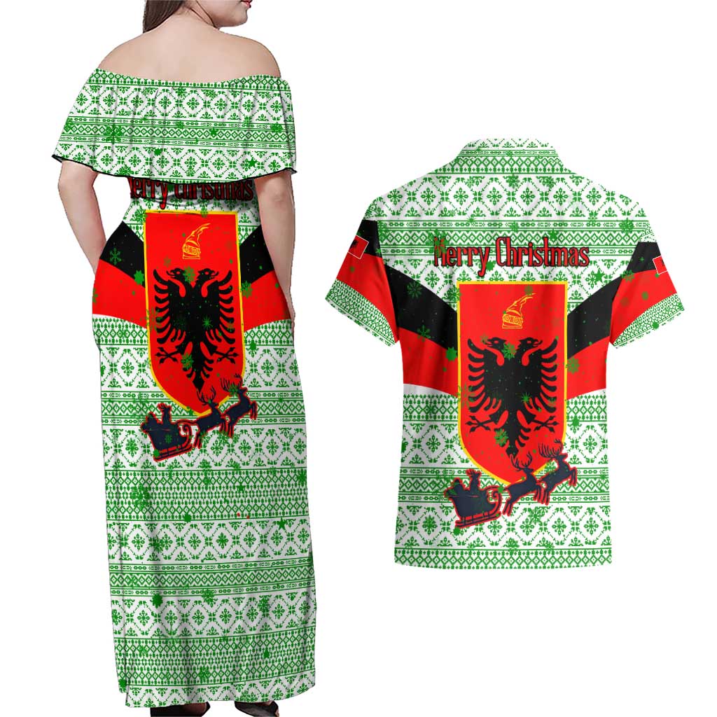 Albania Christmas Couples Matching Off Shoulder Maxi Dress and Hawaiian Shirt with Green-Red Design, Double-Headed Eagle Emblem, and Santa Motif - Wonder Print Shop