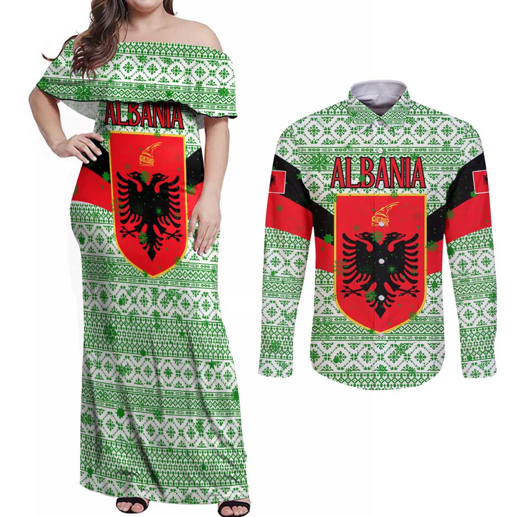 Albania Christmas Couples Matching Off Shoulder Maxi Dress and Long Sleeve Button Shirt with Green-Red Design, Double-Headed Eagle Emblem, and Santa Motif - Wonder Print Shop