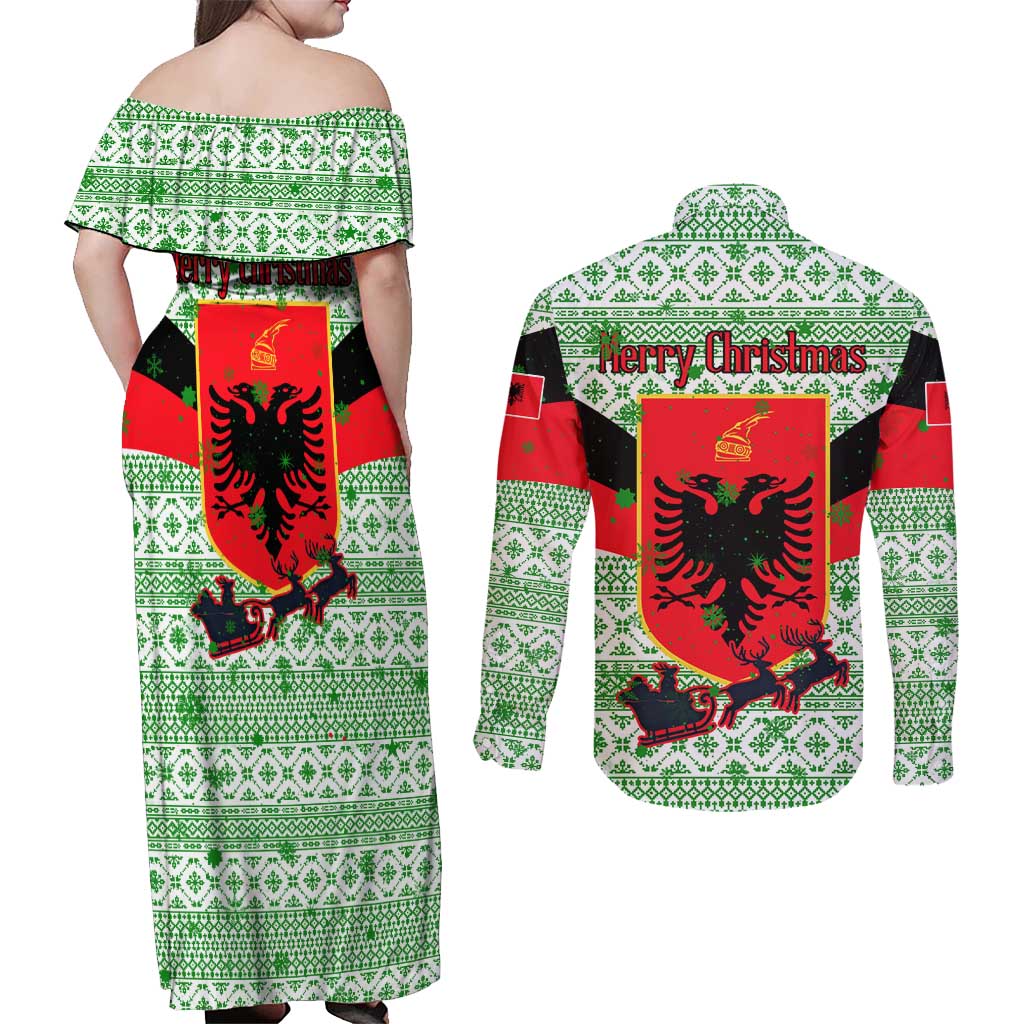 Albania Christmas Couples Matching Off Shoulder Maxi Dress and Long Sleeve Button Shirt with Green-Red Design, Double-Headed Eagle Emblem, and Santa Motif - Wonder Print Shop