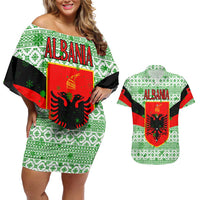 Albania Christmas Couples Matching Off Shoulder Short Dress and Hawaiian Shirt with Green-Red Design, Double-Headed Eagle Emblem, and Santa Motif - Wonder Print Shop