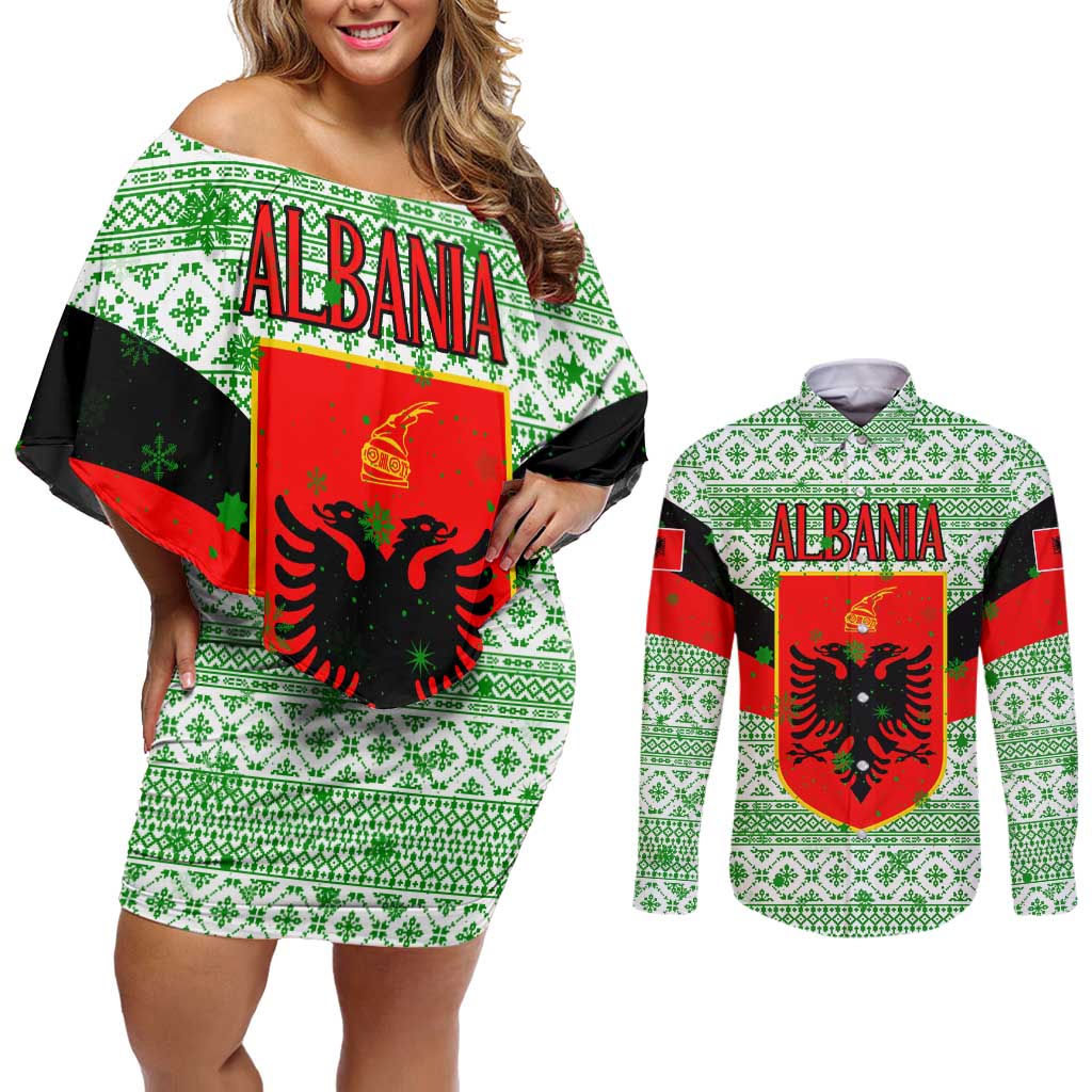 Albania Christmas Couples Matching Off Shoulder Short Dress and Long Sleeve Button Shirt with Green-Red Design, Double-Headed Eagle Emblem, and Santa Motif - Wonder Print Shop