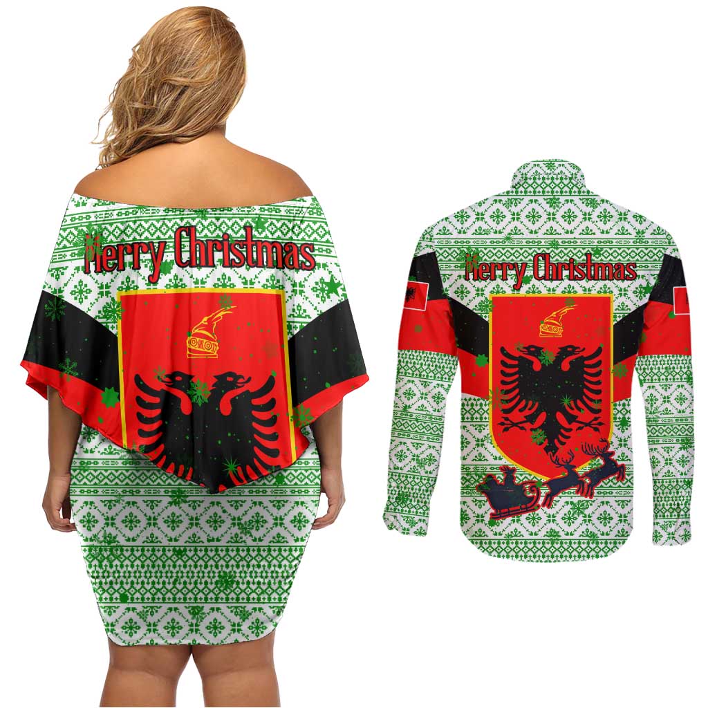 Albania Christmas Couples Matching Off Shoulder Short Dress and Long Sleeve Button Shirt with Green-Red Design, Double-Headed Eagle Emblem, and Santa Motif - Wonder Print Shop