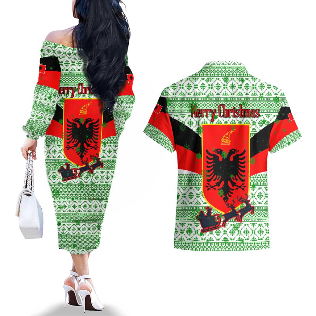 Albania Christmas Couples Matching Off The Shoulder Long Sleeve Dress and Hawaiian Shirt with Green-Red Design, Double-Headed Eagle Emblem, and Santa Motif - Wonder Print Shop