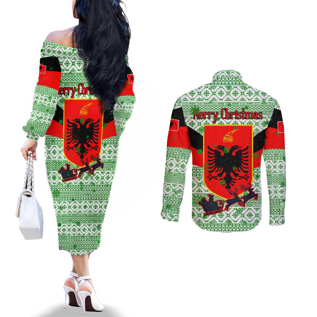 Albania Christmas Couples Matching Off The Shoulder Long Sleeve Dress and Long Sleeve Button Shirt with Green-Red Design, Double-Headed Eagle Emblem, and Santa Motif - Wonder Print Shop