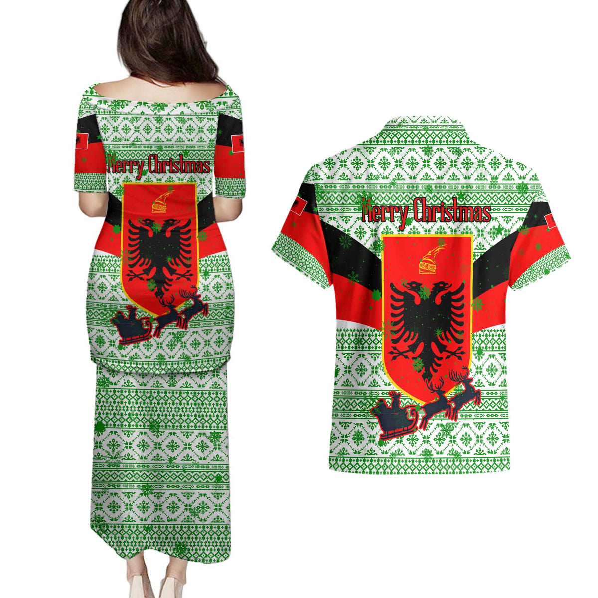 Albania Christmas Couples Matching Puletasi and Hawaiian Shirt with Green-Red Design, Double-Headed Eagle Emblem, and Santa Motif - Wonder Print Shop