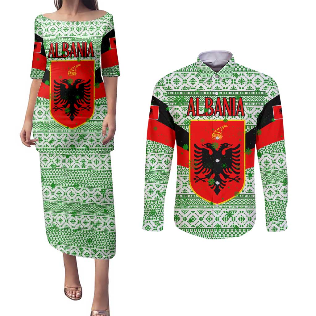 Albania Christmas Couples Matching Puletasi and Long Sleeve Button Shirt with Green-Red Design, Double-Headed Eagle Emblem, and Santa Motif - Wonder Print Shop