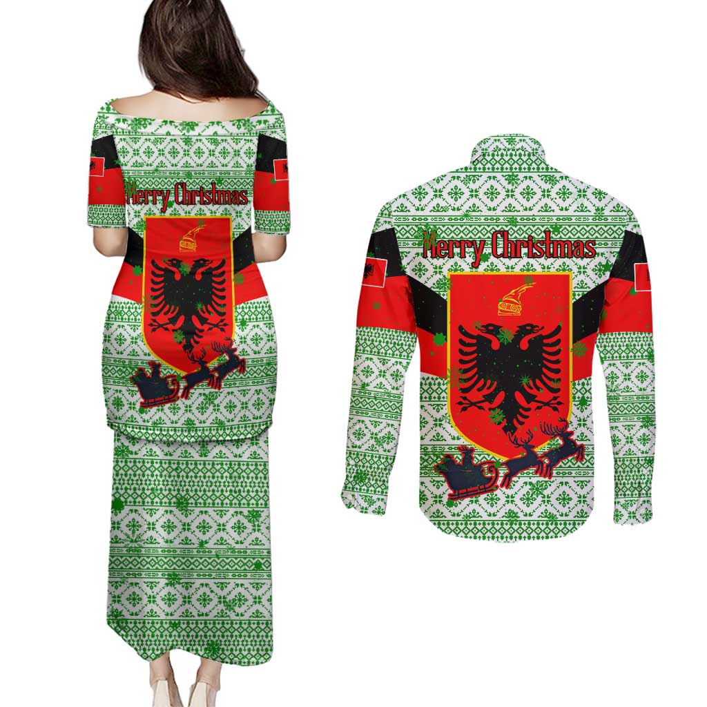 Albania Christmas Couples Matching Puletasi and Long Sleeve Button Shirt with Green-Red Design, Double-Headed Eagle Emblem, and Santa Motif - Wonder Print Shop