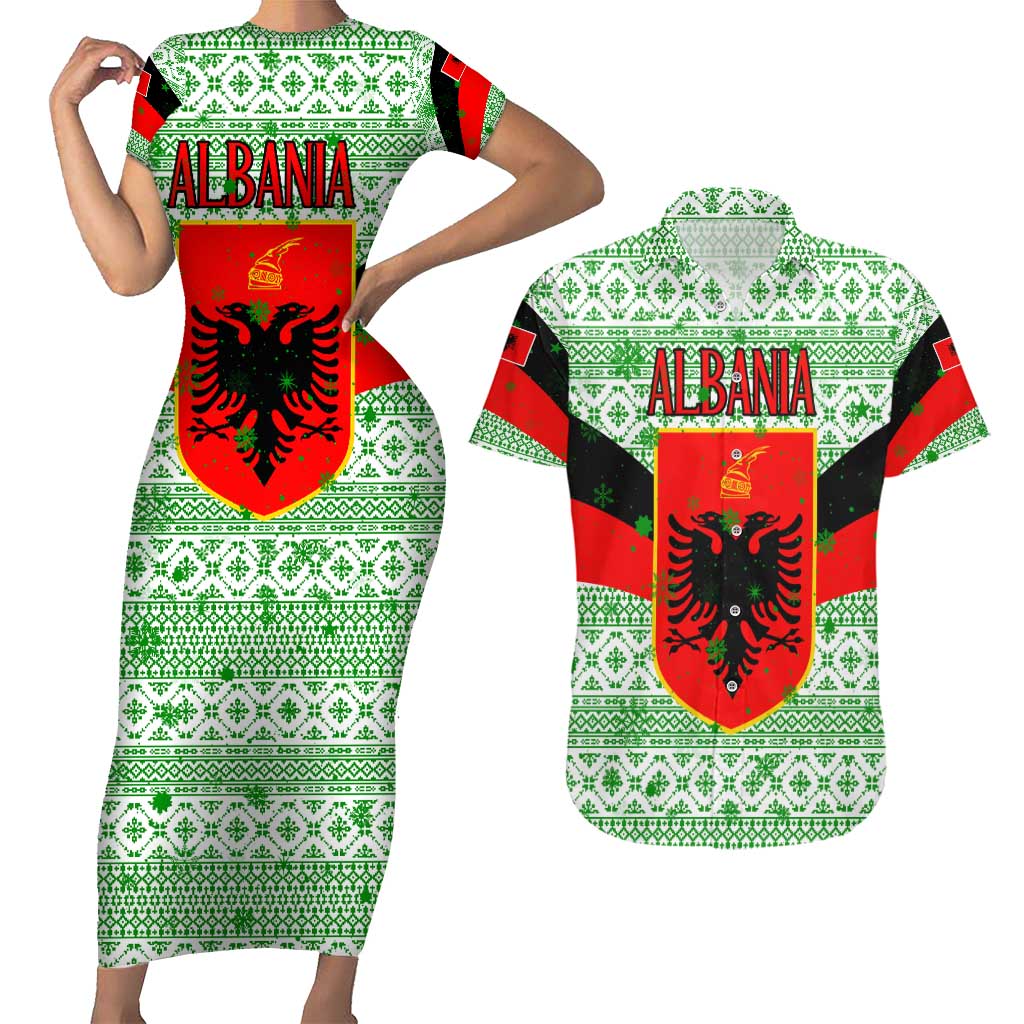 Albania Christmas Couples Matching Short Sleeve Bodycon Dress and Hawaiian Shirt with Green-Red Design, Double-Headed Eagle Emblem, and Santa Motif - Wonder Print Shop