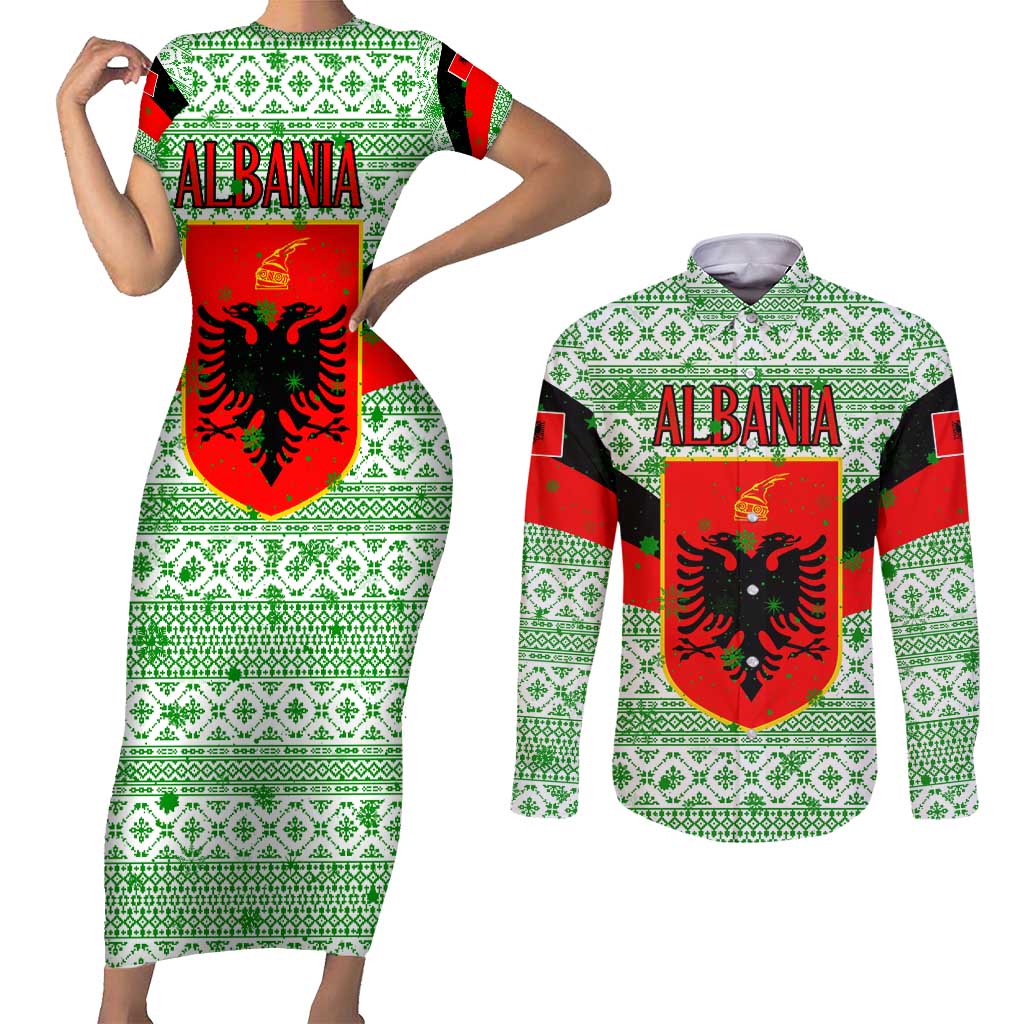 Albania Christmas Couples Matching Short Sleeve Bodycon Dress and Long Sleeve Button Shirt with Green-Red Design, Double-Headed Eagle Emblem, and Santa Motif - Wonder Print Shop