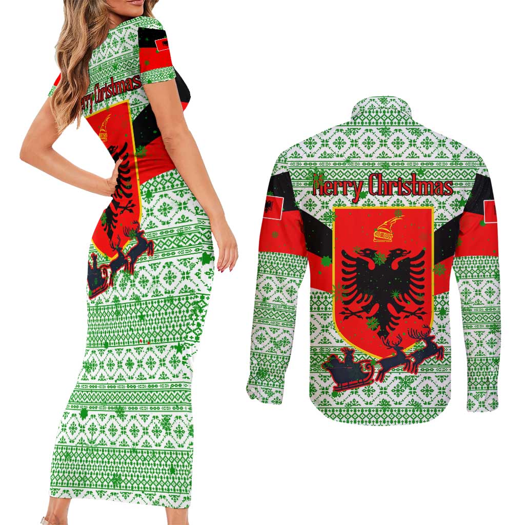 Albania Christmas Couples Matching Short Sleeve Bodycon Dress and Long Sleeve Button Shirt with Green-Red Design, Double-Headed Eagle Emblem, and Santa Motif - Wonder Print Shop