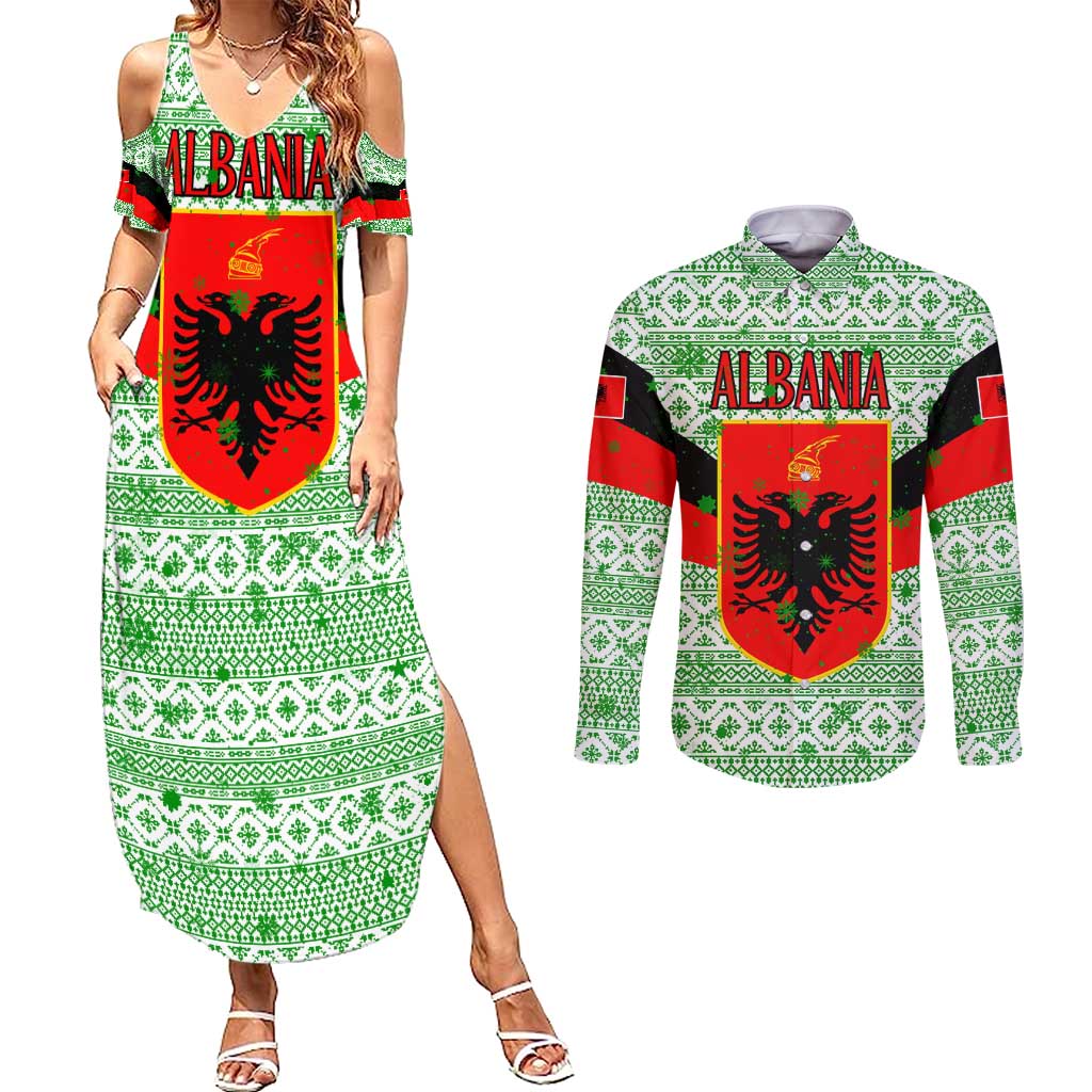 Albania Christmas Couples Matching Summer Maxi Dress and Long Sleeve Button Shirt with Green-Red Design, Double-Headed Eagle Emblem, and Santa Motif - Wonder Print Shop