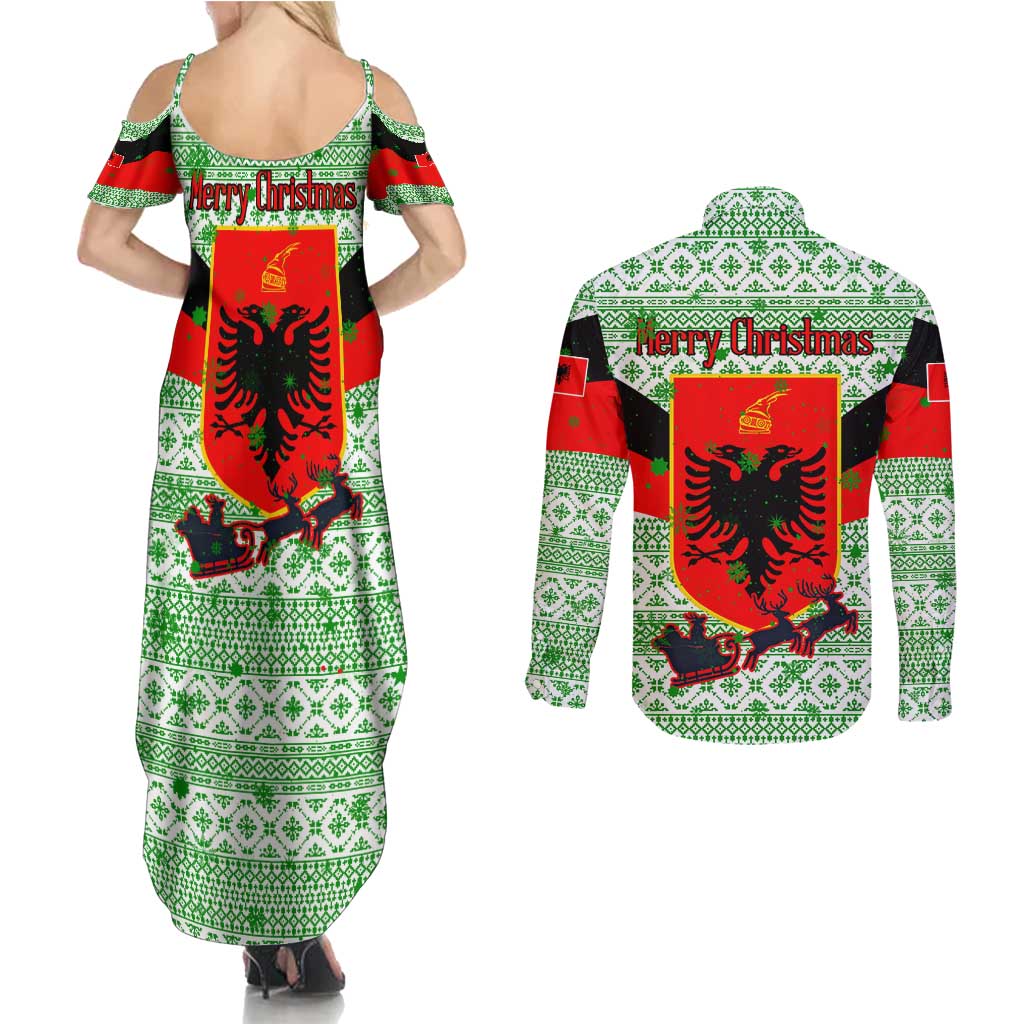 Albania Christmas Couples Matching Summer Maxi Dress and Long Sleeve Button Shirt with Green-Red Design, Double-Headed Eagle Emblem, and Santa Motif - Wonder Print Shop