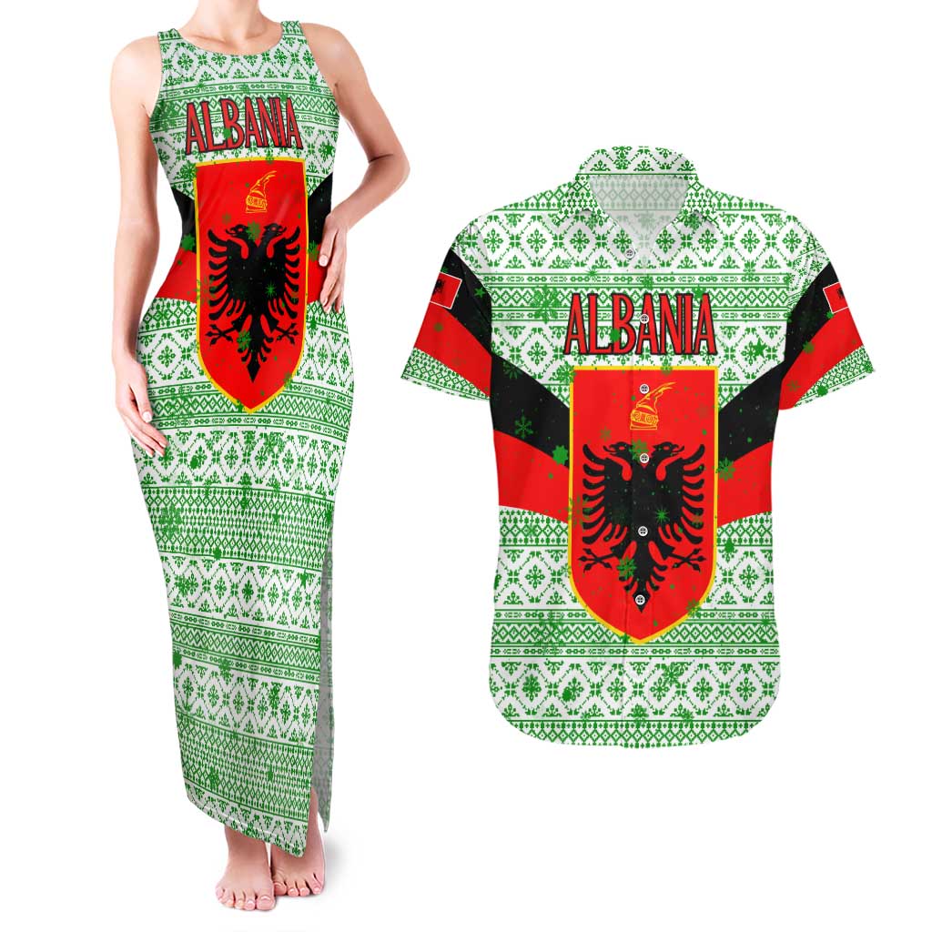 Albania Christmas Couples Matching Tank Maxi Dress and Hawaiian Shirt with Green-Red Design, Double-Headed Eagle Emblem, and Santa Motif - Wonder Print Shop