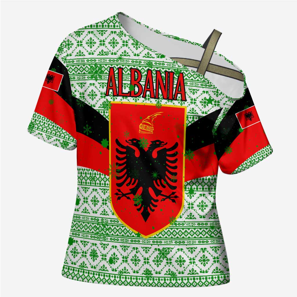 Albania Christmas Cross Shoulder Shirt with Green-Red Design, Double-Headed Eagle Emblem, and Santa Motif - Wonder Print Shop