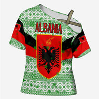Albania Christmas Cross Shoulder Shirt with Green-Red Design, Double-Headed Eagle Emblem, and Santa Motif - Wonder Print Shop