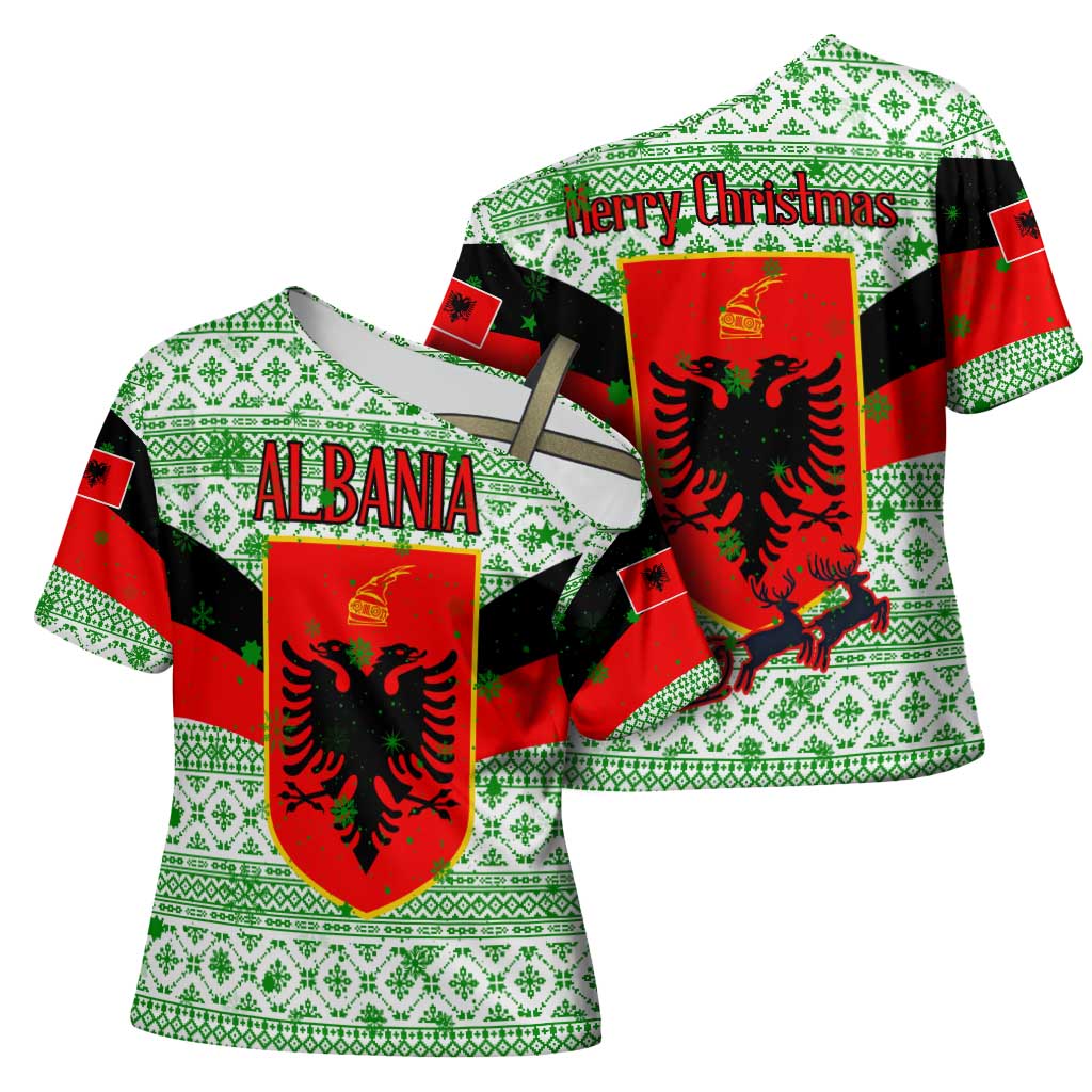 Albania Christmas Cross Shoulder Shirt with Green-Red Design, Double-Headed Eagle Emblem, and Santa Motif - Wonder Print Shop