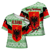 Albania Christmas Cross Shoulder Shirt with Green-Red Design, Double-Headed Eagle Emblem, and Santa Motif - Wonder Print Shop