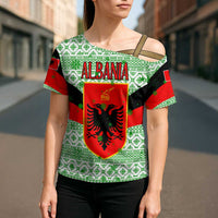Albania Christmas Cross Shoulder Shirt with Green-Red Design, Double-Headed Eagle Emblem, and Santa Motif - Wonder Print Shop