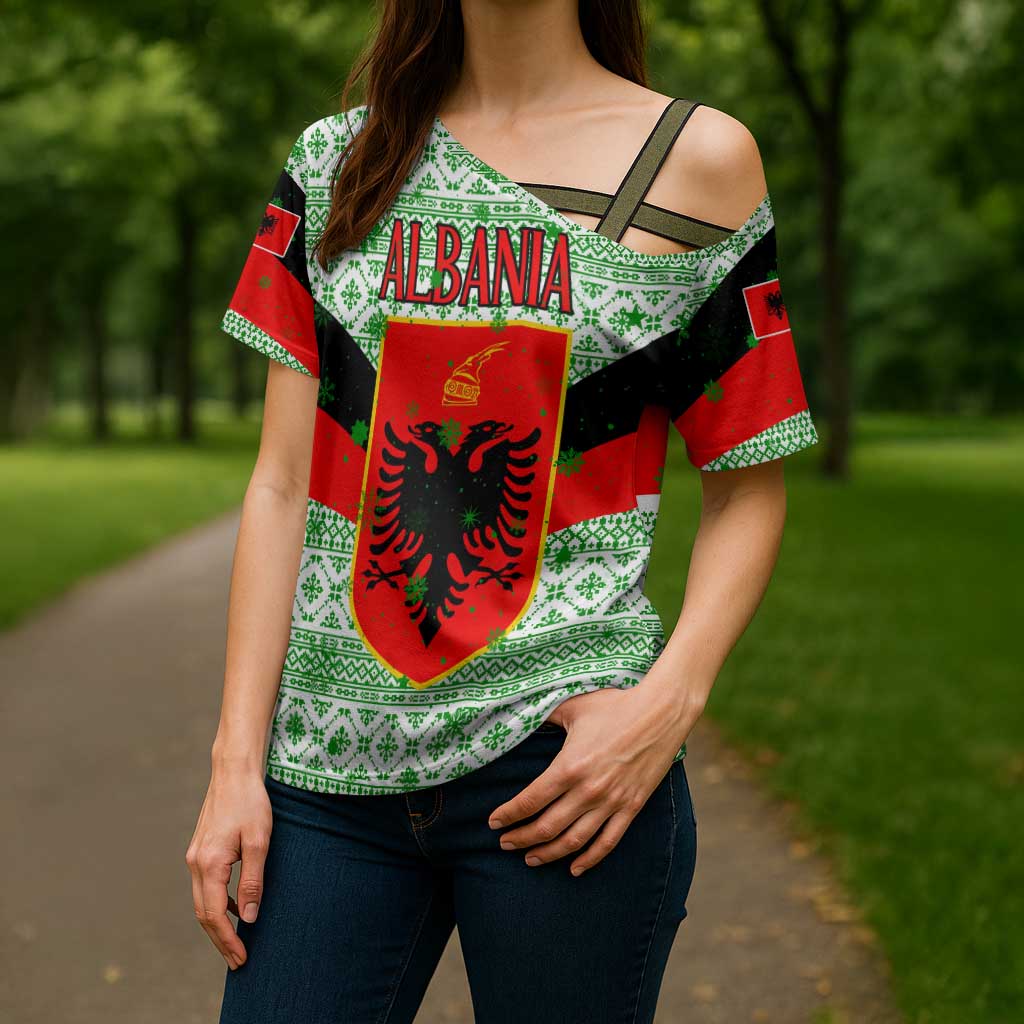 Albania Christmas Cross Shoulder Shirt with Green-Red Design, Double-Headed Eagle Emblem, and Santa Motif - Wonder Print Shop